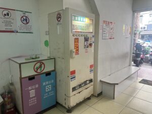 Retro camera and potted plant on wooden surface with copy space.