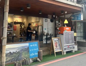 Retro camera and potted plant on wooden surface with copy space.