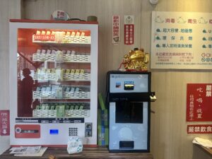 Retro camera and potted plant on wooden surface with copy space.